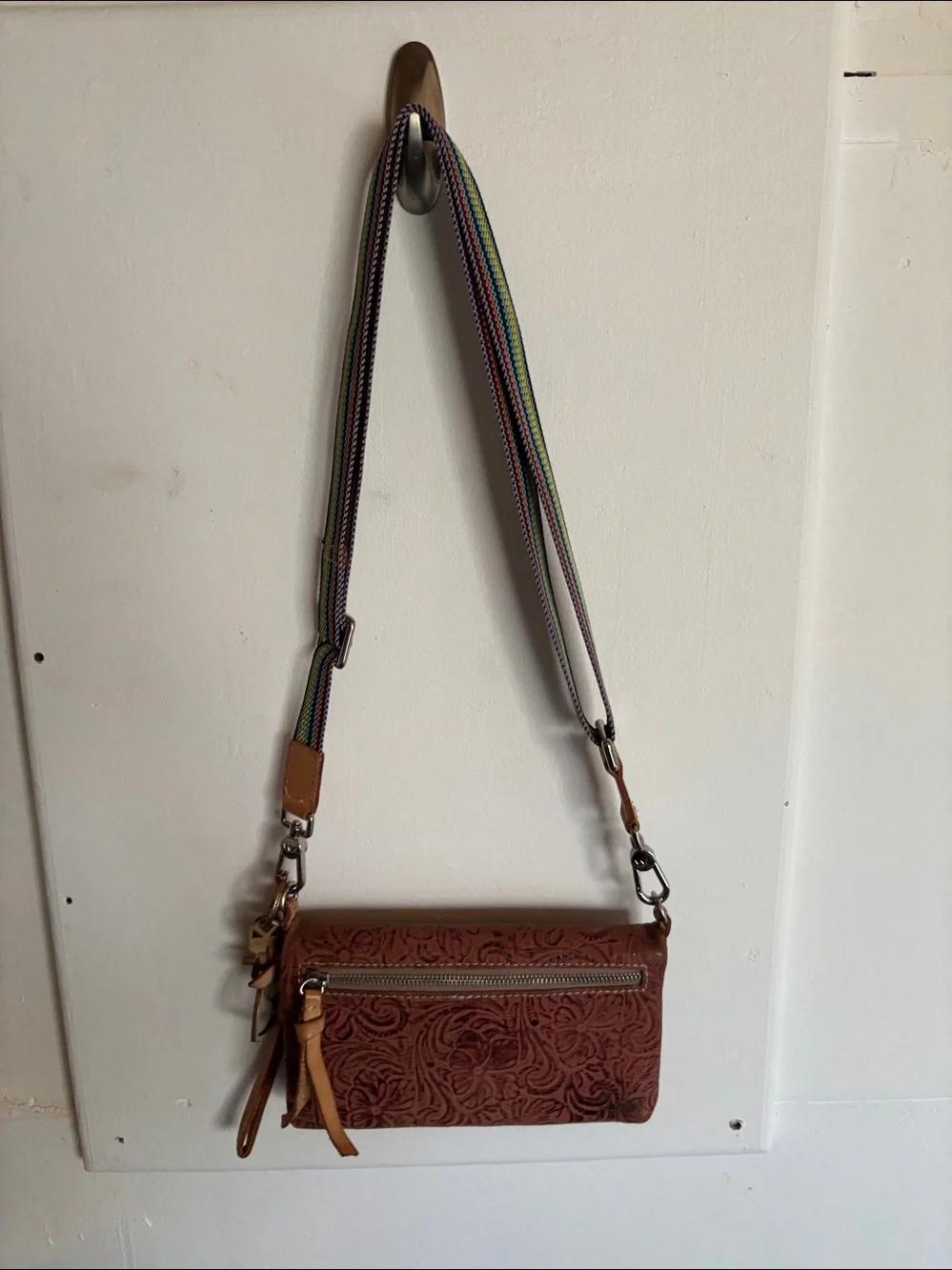 Consuela Embossed Brown Leather Crossbody with Multicolor Strap - Picture 3 of 3